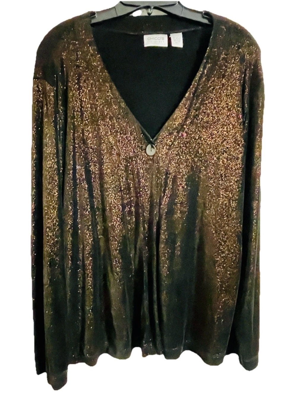 Chicos Travelers One Button Open Top Metallic Bronze Black Liquid Slinky Size 2